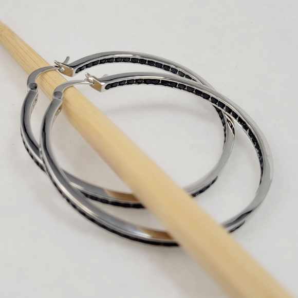 Sterling Silver 2" Black Spinel Hoops - Picture 9 of 12